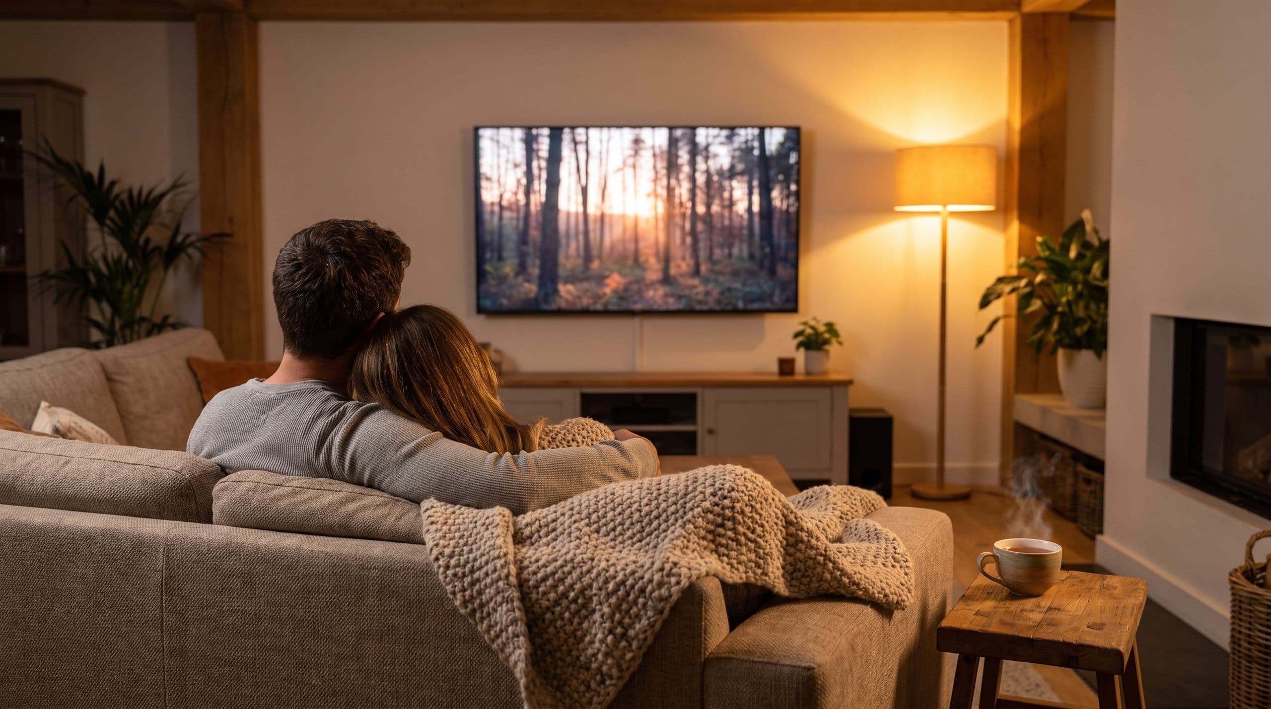 Stel geniet 's avonds van een film op een wandgemonteerde tv
