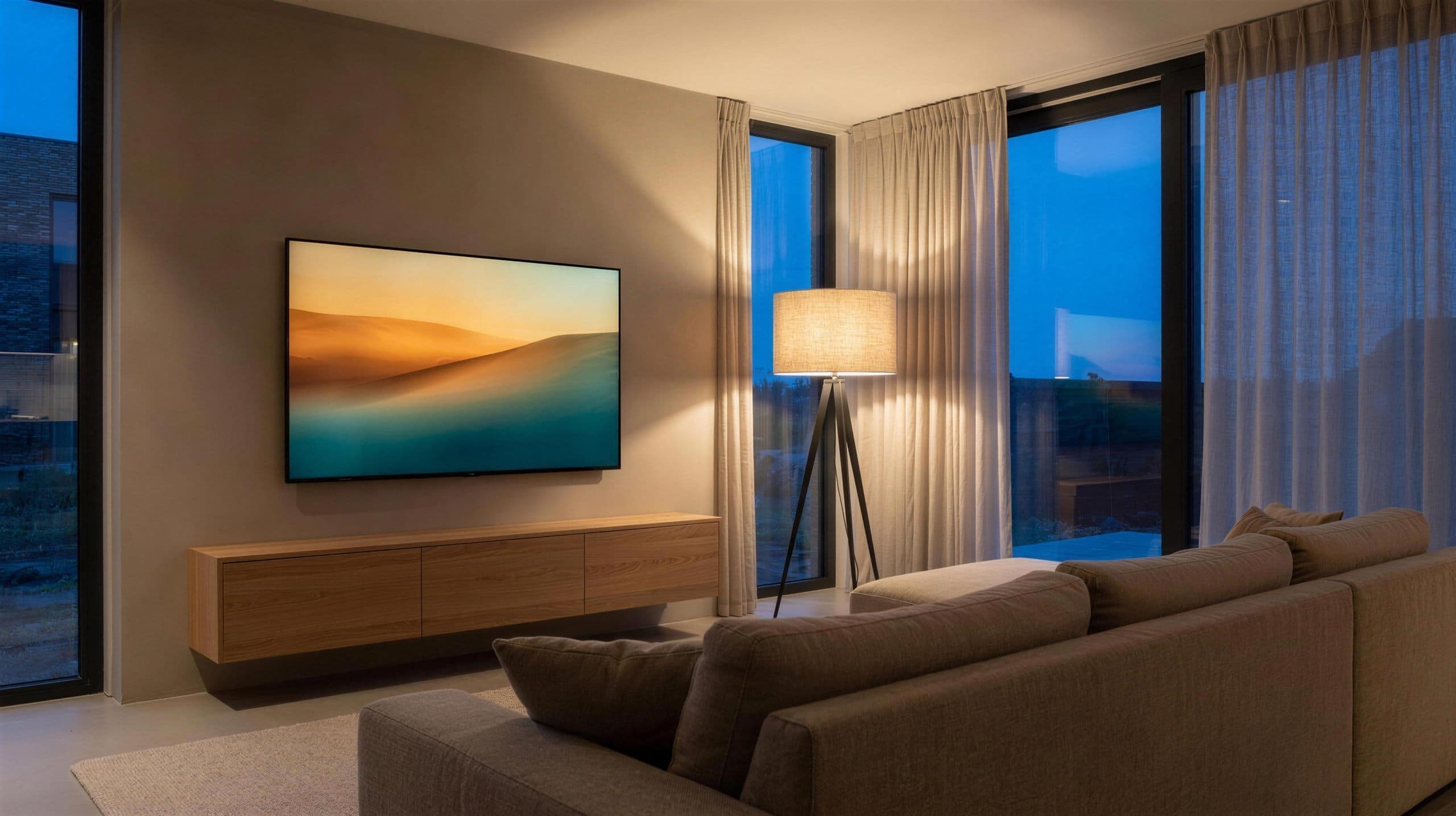 Wandgemonteerde tv in een sfeervolle moderne woonkamer bij schemering